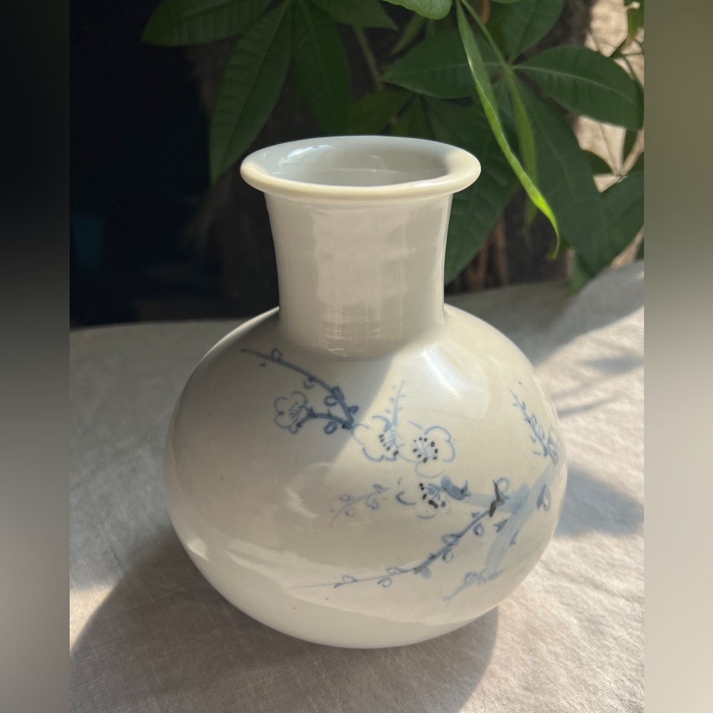 Old Asian Elegant White and Blue Hand painted Prunus Vase